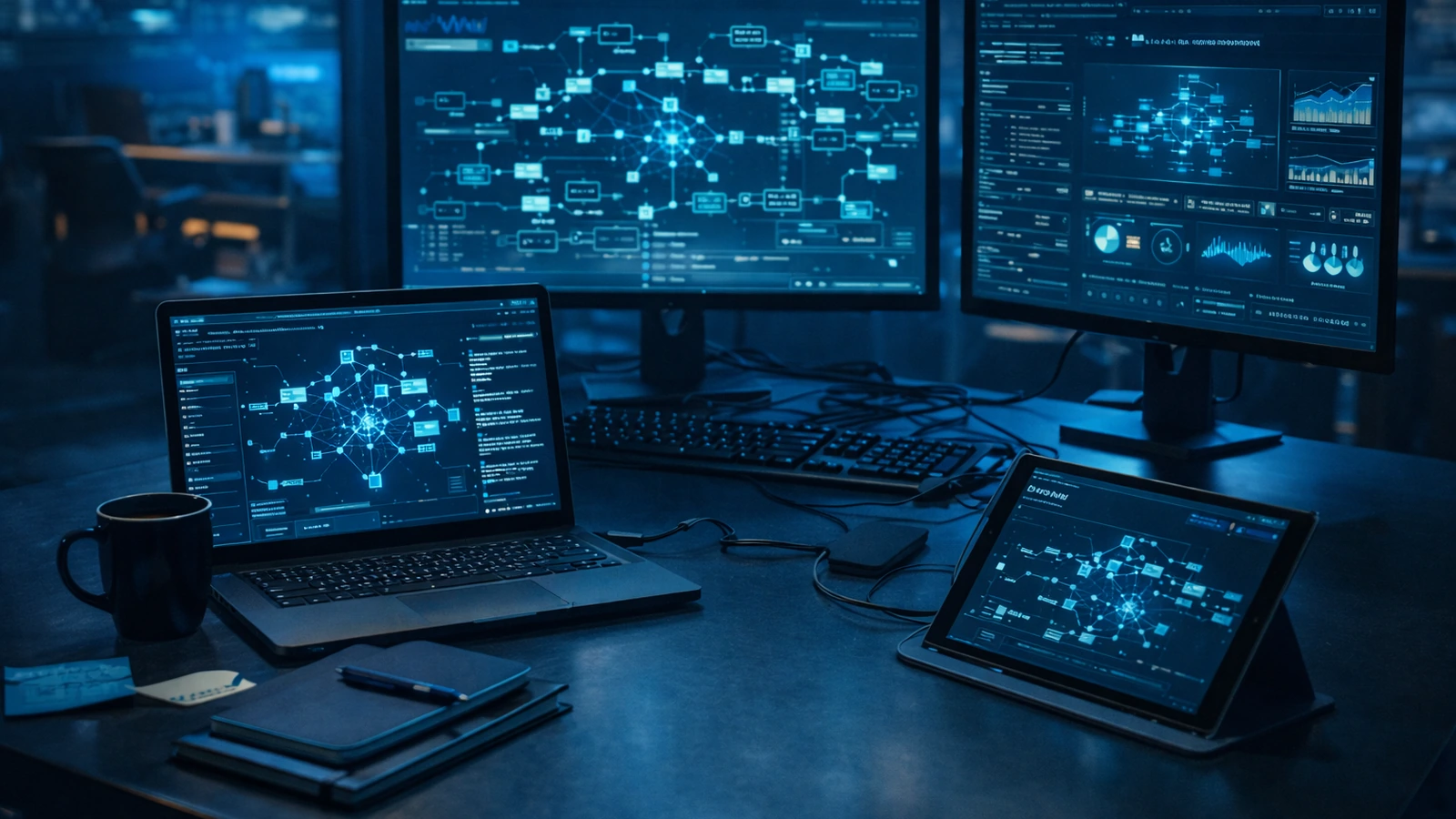 Mesa con código, n8n y dashboards